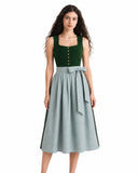 Women's Green Dirndl Dress Button Down with Striped Apron