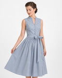 Women's Blue Patterned Dirndl Dress Stand Collar Button Down with Smocked Apron