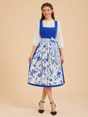Women’s Oktoberfest Royal Blue Midi Dirndl Dress with Floral Apron