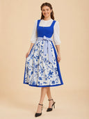 Women’s Oktoberfest Royal Blue Midi Dirndl Dress with Floral Apron
