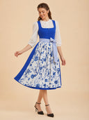 Women’s Oktoberfest Royal Blue Midi Dirndl Dress with Floral Apron