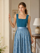 Women's Teal and Blue Dirndl Dress Square Neck Velvet Bodice with Apron