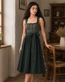 Women's German Dirndl Dress Patterned Bodice Button Down with Bow Apron