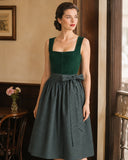 Women's Green Dirndl Dress Square Neck Zipper Front with Apron