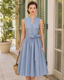 Women's Blue Patterned Dirndl Dress Stand Collar Button Down with Smocked Apron