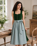 Women's Green Dirndl Dress Button Down with Striped Apron
