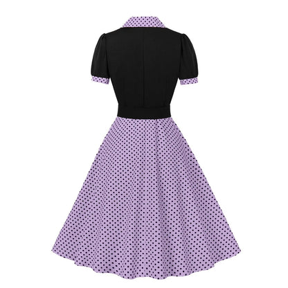 Women's 1950s Polka Dot Patchwork Lapel Collar Belted A-Line Rockabilly Dress