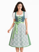 Oktoberfest Green Embroidered Dirndl Dress with Lace Apron