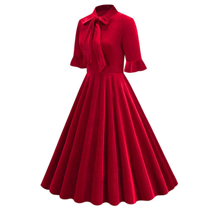Xmas Vintage Velvet Tie-Neck Fit & Flare Dress
