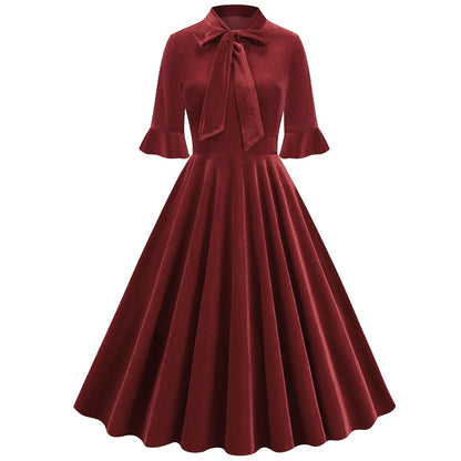 Xmas Vintage Velvet Tie-Neck Fit & Flare Dress