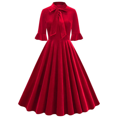 Xmas Vintage Velvet Tie-Neck Fit & Flare Dress