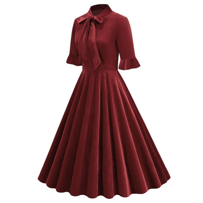 Xmas Vintage Velvet Tie-Neck Fit & Flare Dress