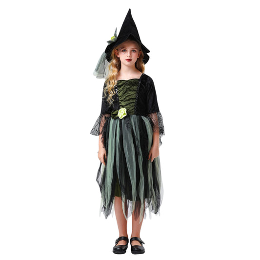 Girls Witch Black Green Tulle Dress with Hat