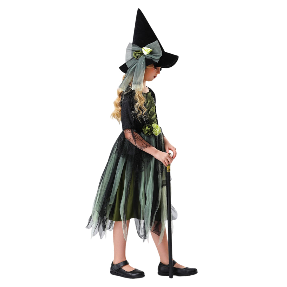 Girls Witch Black Green Tulle Dress with Hat