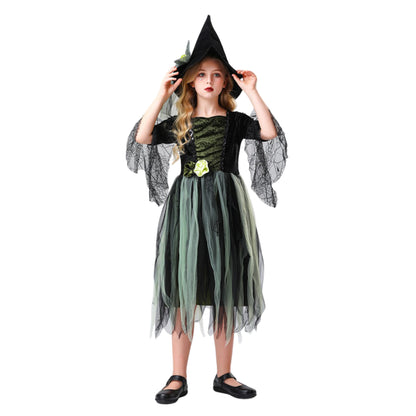 Girls Witch Black Green Tulle Dress with Hat