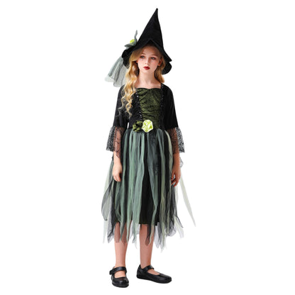 Girls Witch Black Green Tulle Dress with Hat