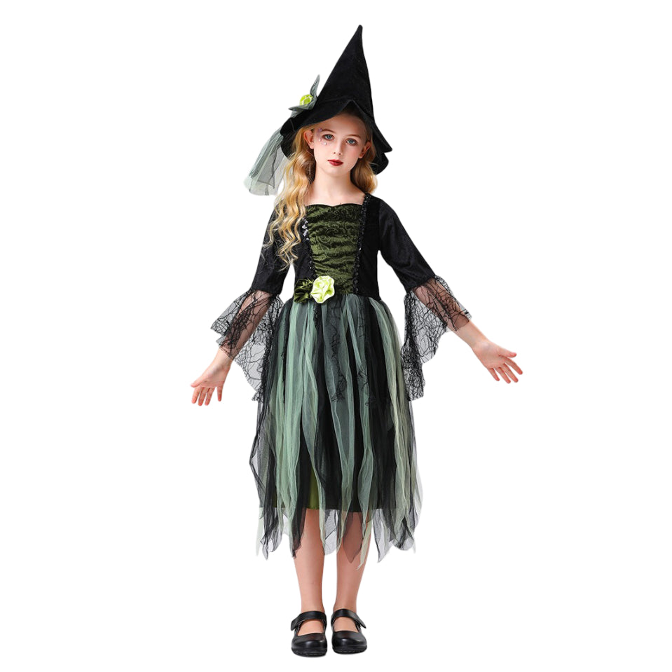 Girls Witch Black Green Tulle Dress with Hat