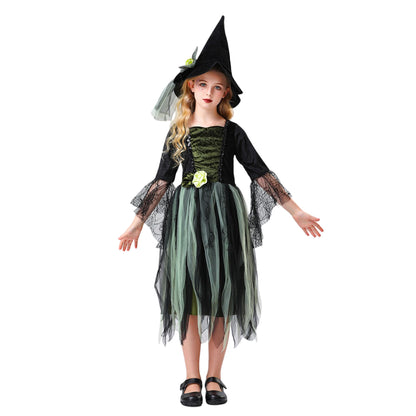 Girls Witch Black Green Tulle Dress with Hat