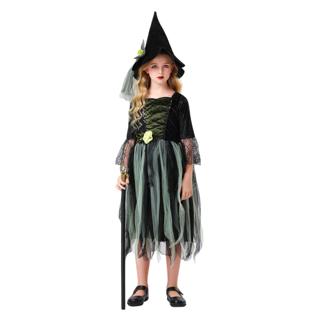 Girls Witch Black Green Tulle Dress with Hat