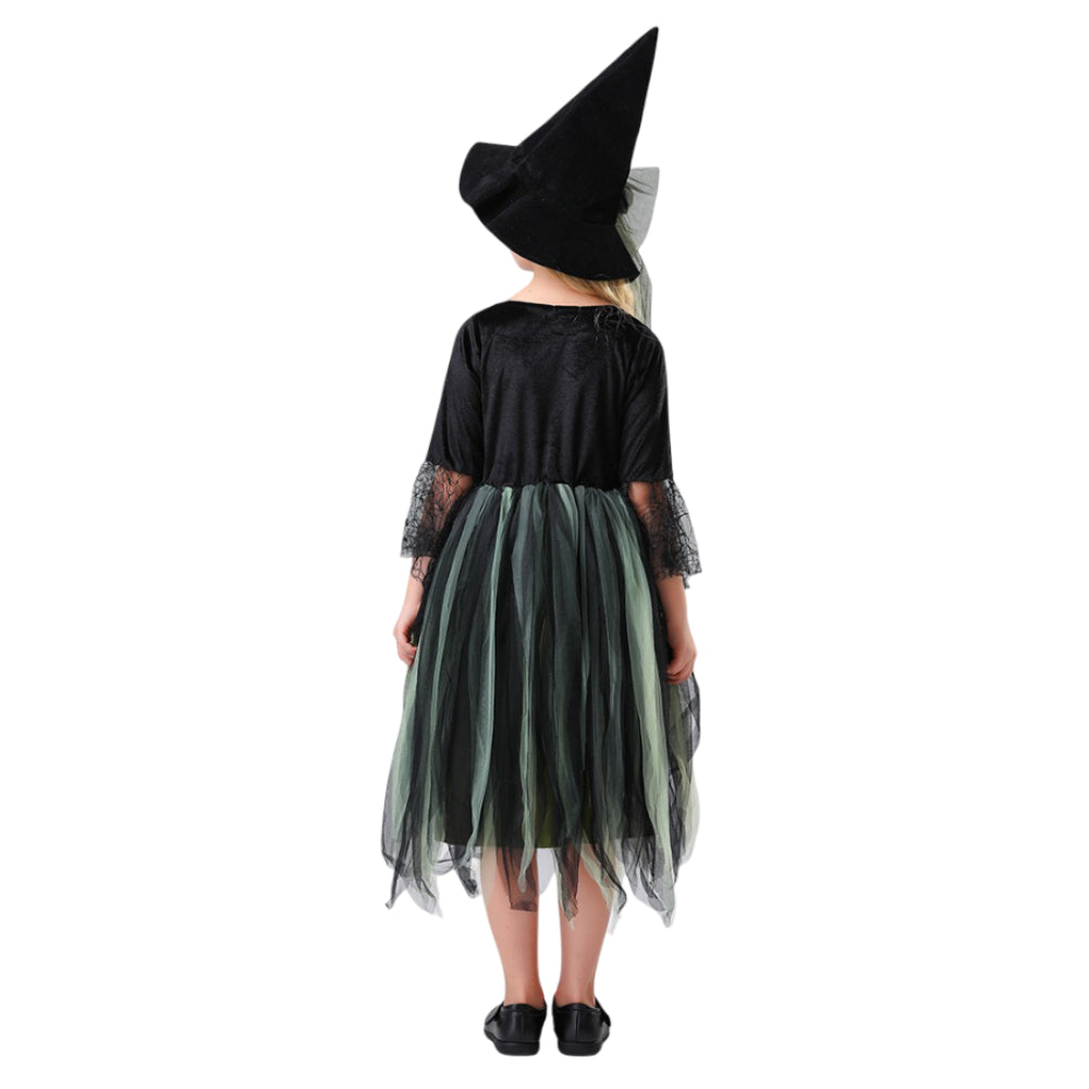 Girls Witch Black Green Tulle Dress with Hat