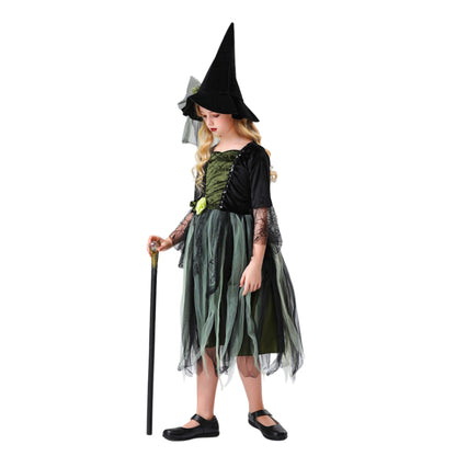 Girls Witch Black Green Tulle Dress with Hat