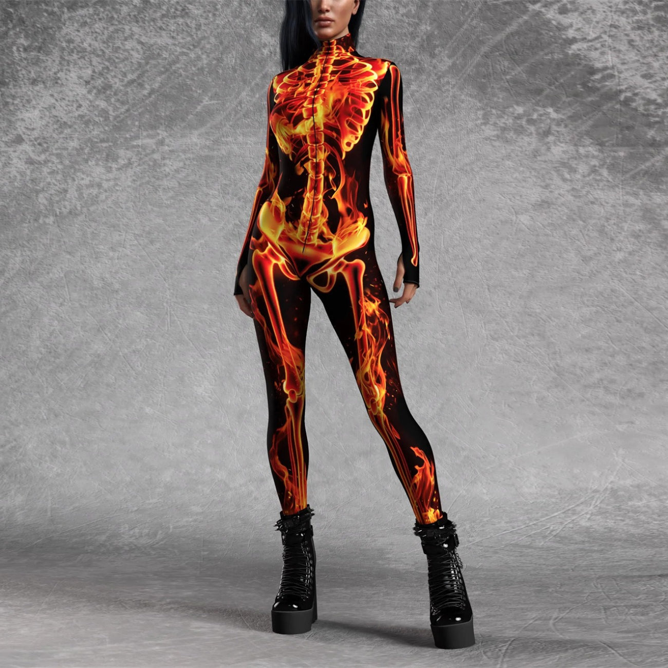 Women’s Fire Skeleton Skull Full Body Catsuit