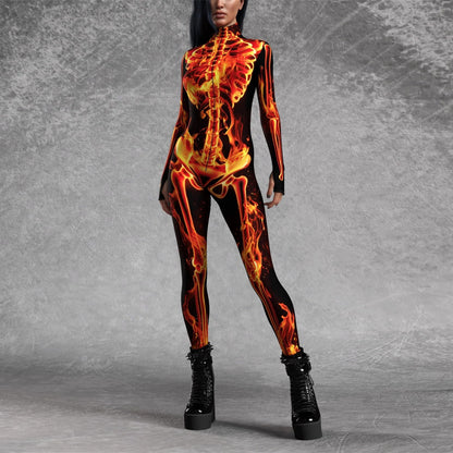 Women’s Fire Skeleton Skull Full Body Catsuit