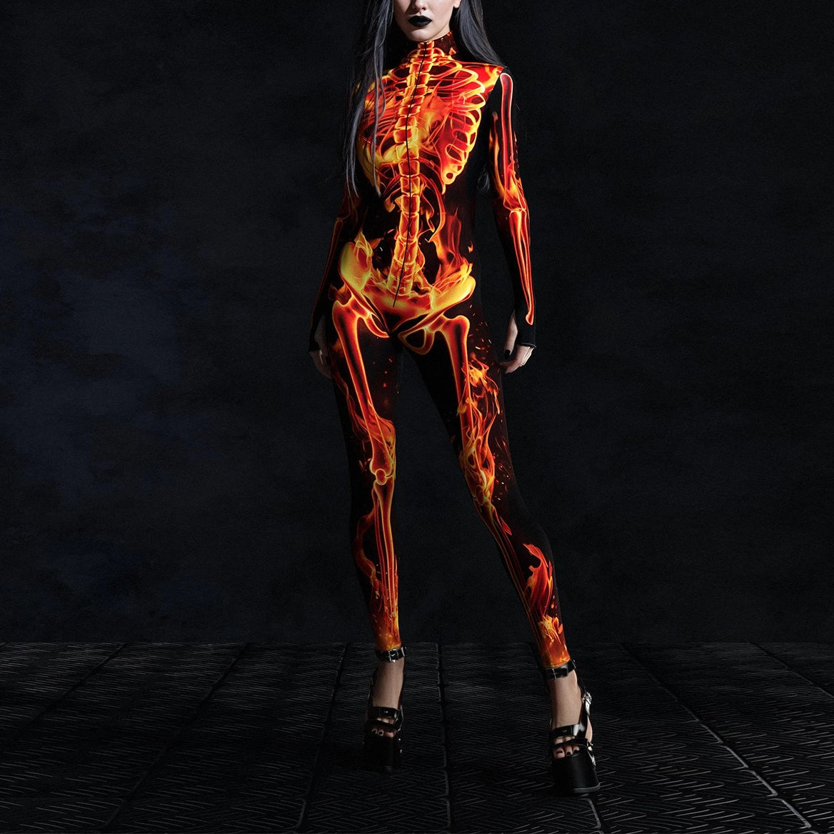 Women’s Fire Skeleton Skull Full Body Catsuit