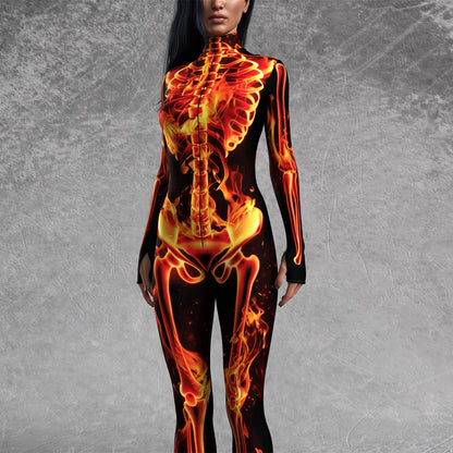 Women’s Fire Skeleton Skull Full Body Catsuit