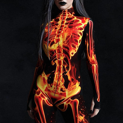 Women’s Fire Skeleton Skull Full Body Catsuit