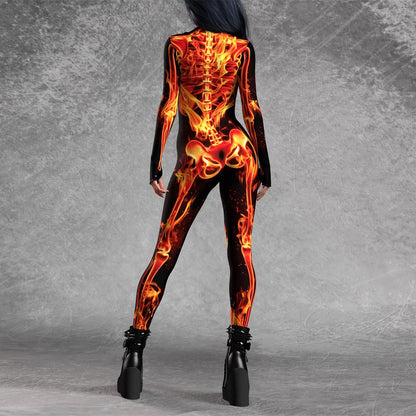 Women’s Fire Skeleton Skull Full Body Catsuit