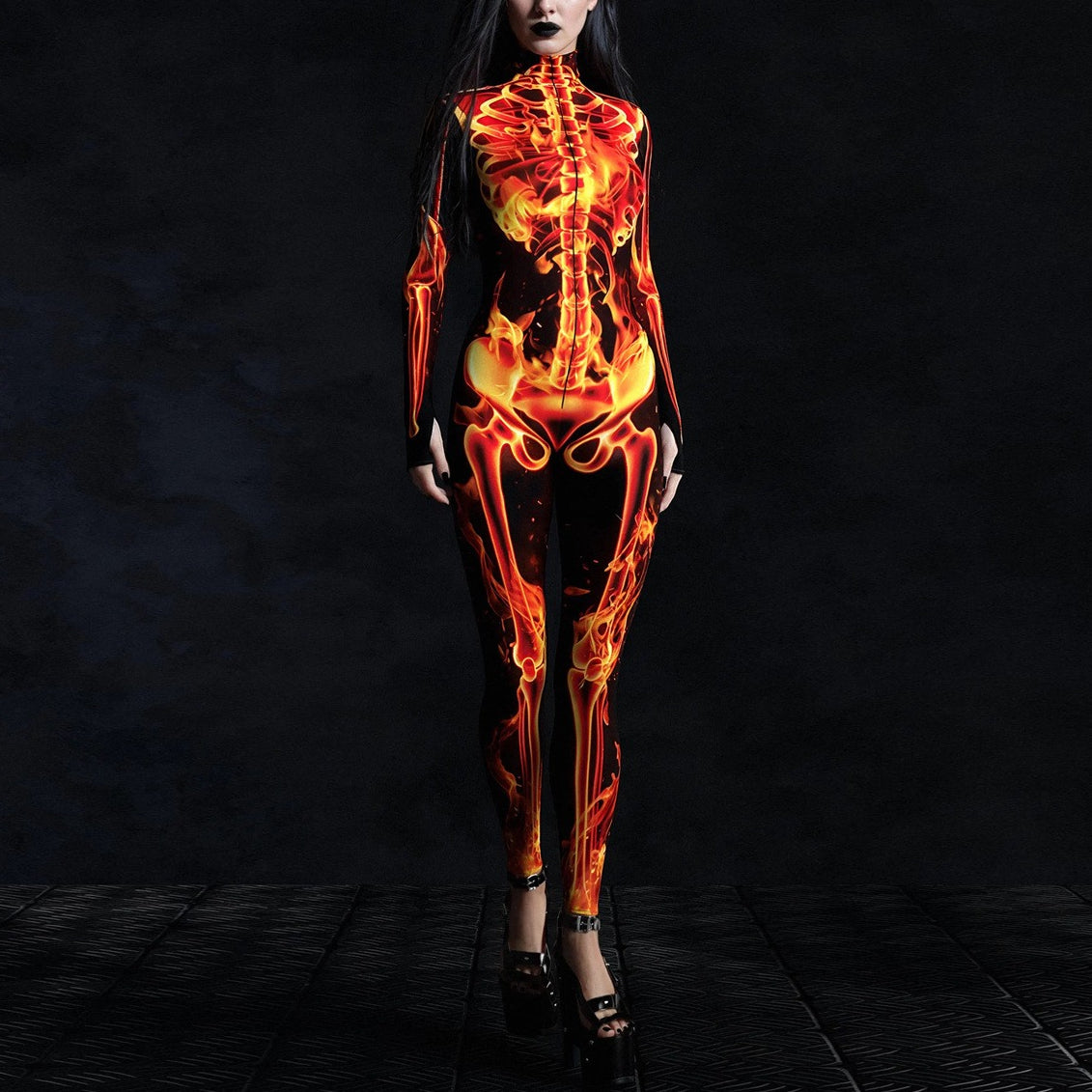 Women’s Fire Skeleton Skull Full Body Catsuit