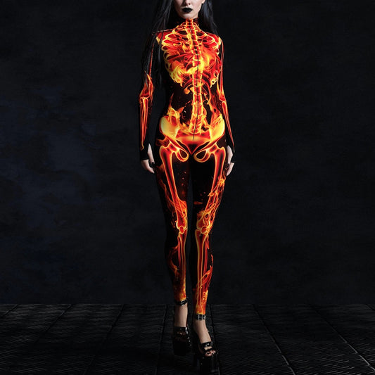 Women’s Fire Skeleton Skull Full Body Catsuit