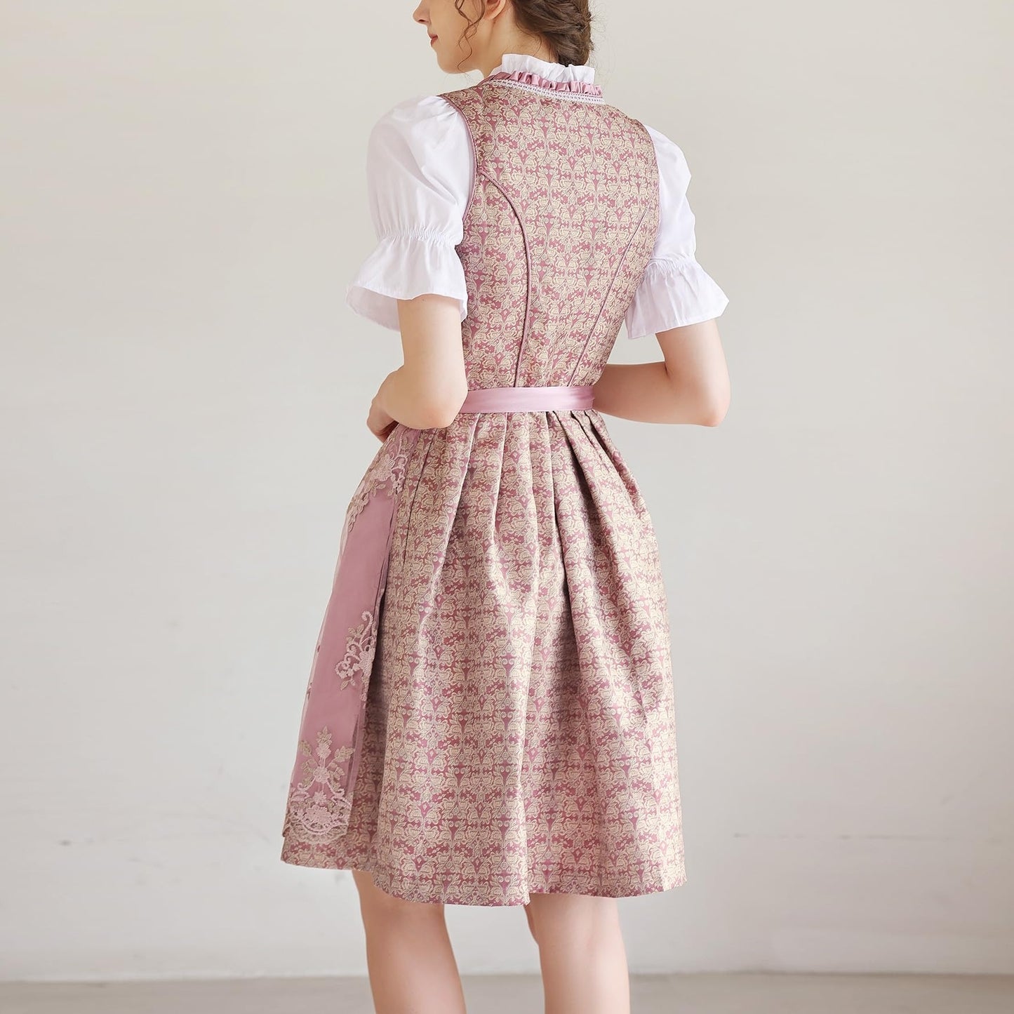 Oktoberfest Pink Dirndl Dress with Lace Apron and Blouse