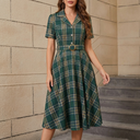Plaid Lapel Collar Charm Midi Dress