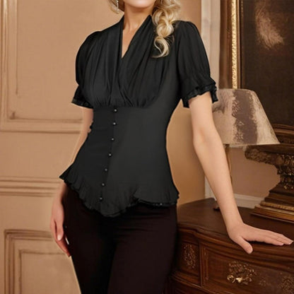 Victorian Pleated Shirt Lace Up Work Blouse
