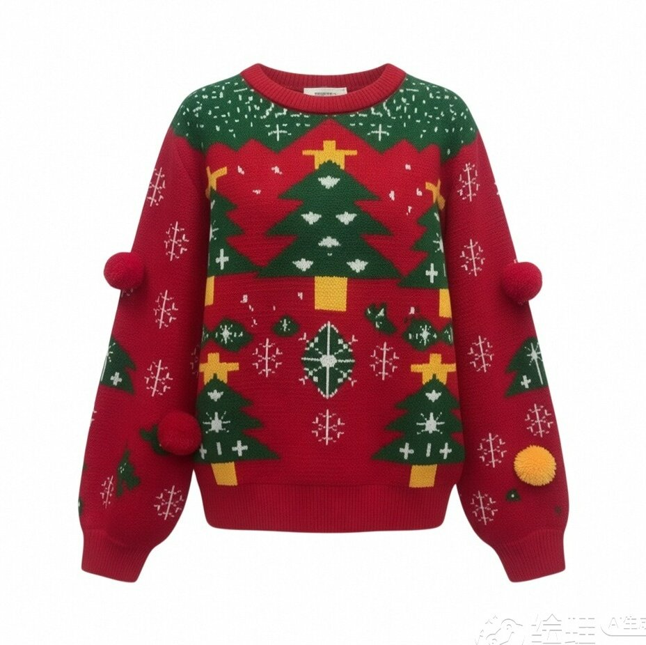 Pom-Pom Red Christmas Tree Ugly Christmas Sweater