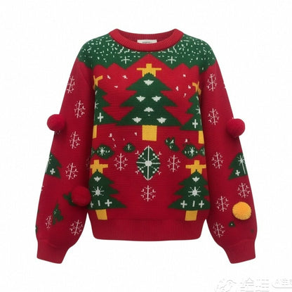 Pom-Pom Red Christmas Tree Ugly Christmas Sweater