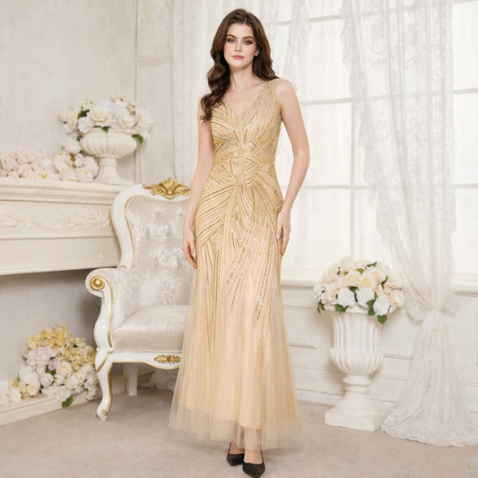 Champagne V-Neck Beaded Evening Gown