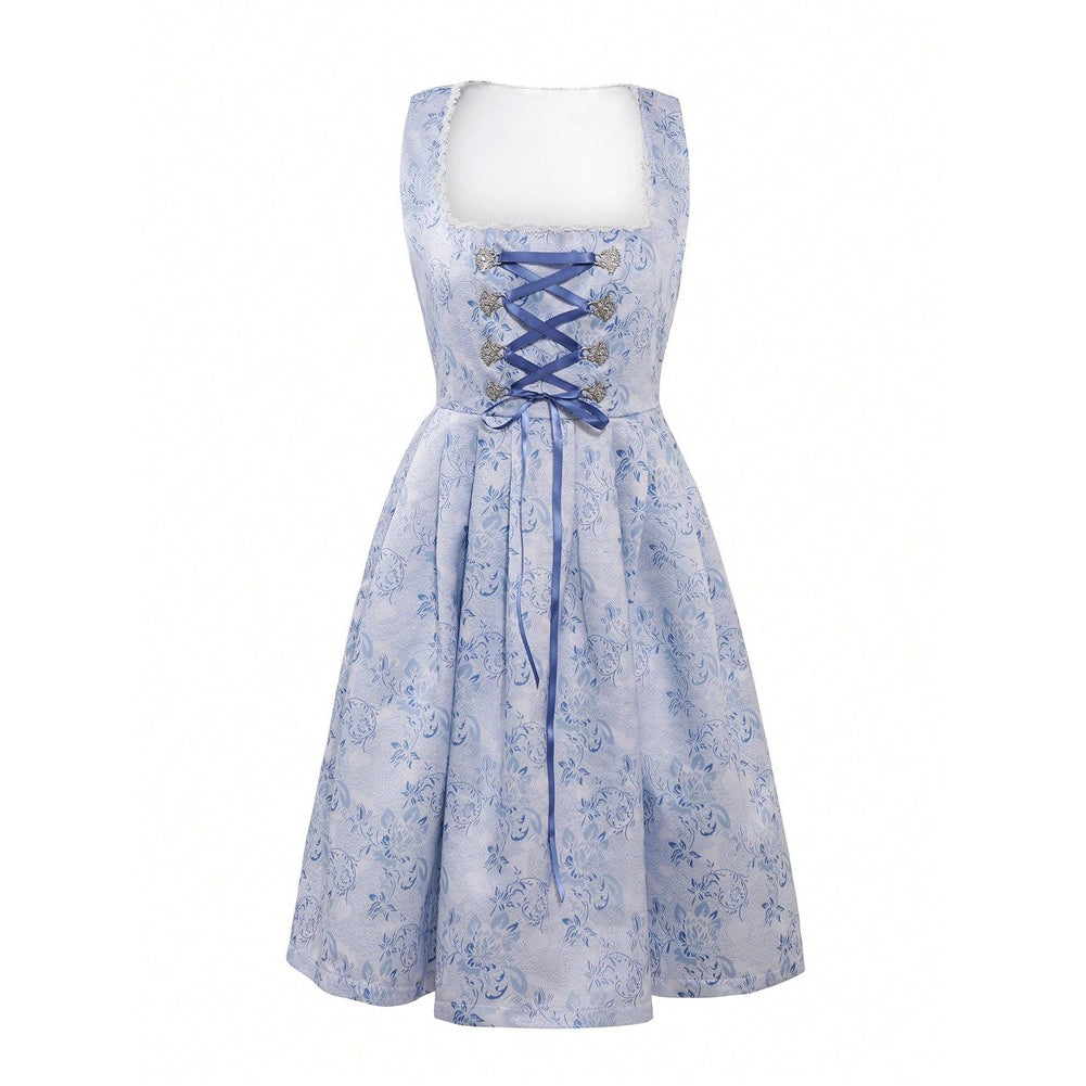 Oktoberfest Elegant Blue Dirndl Dress with Apron