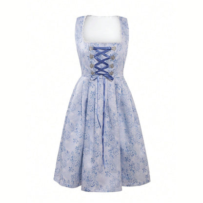 Oktoberfest Elegant Blue Dirndl Dress with Apron