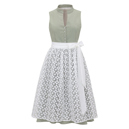 Oktoberfest Green Elegant Dirndl Dress with Floral Lace Apron