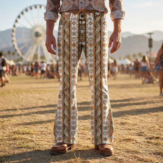 Retro 70s Paisley Geometric High Waist Wide Flared Trousers