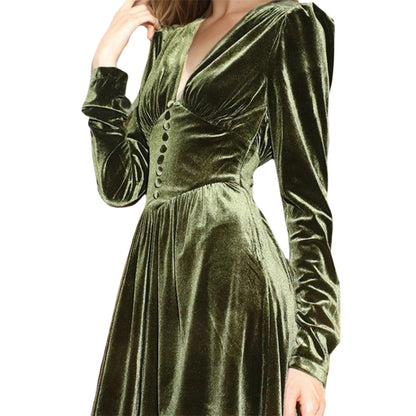 Xmas Puff Sleeve Velvet Midi Dress