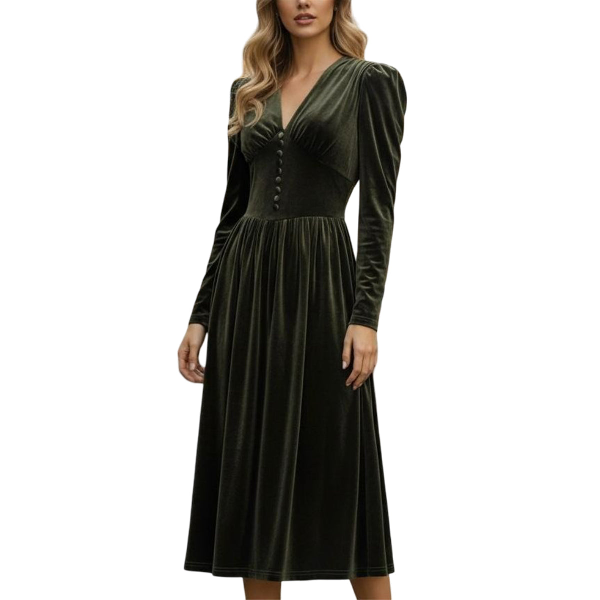 Xmas Puff Sleeve Velvet Midi Dress