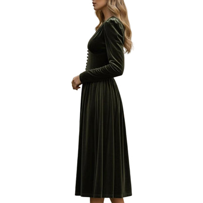 Xmas Puff Sleeve Velvet Midi Dress