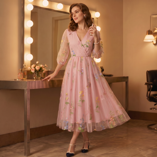 Floral Embroidered V-Neck Midi Dress