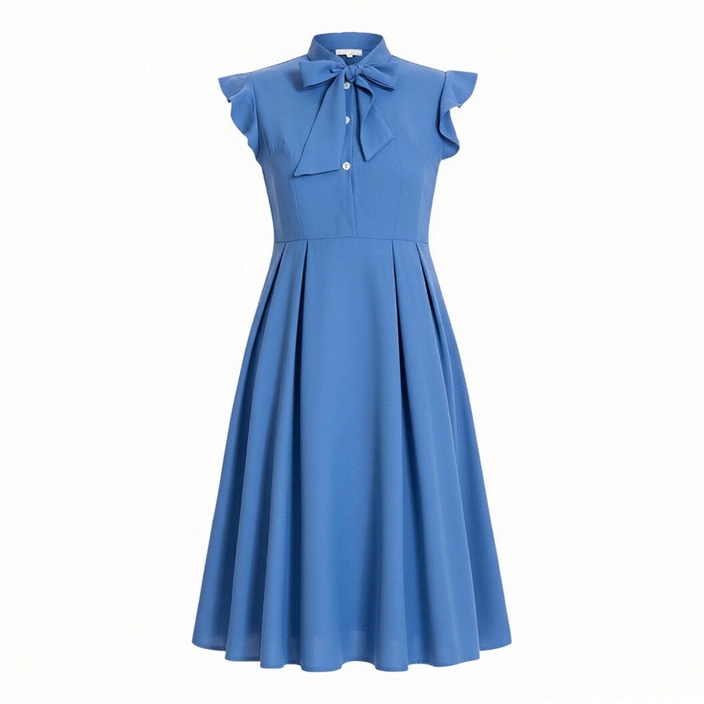 Women's 1950s Bow Tie Neck Ruffle Cap Sleeve Pleated Swing Dress