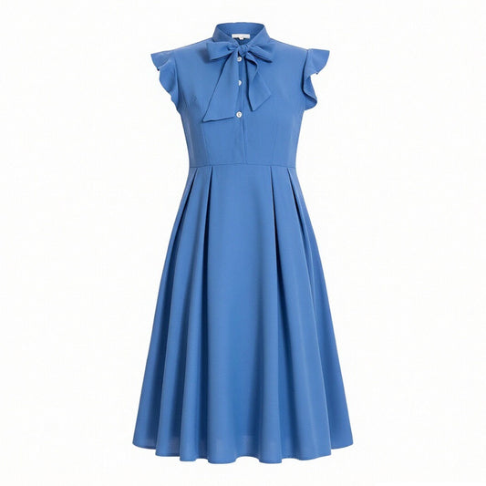 Women's 1950s Bow Tie Neck Ruffle Cap Sleeve Pleated Swing Dress