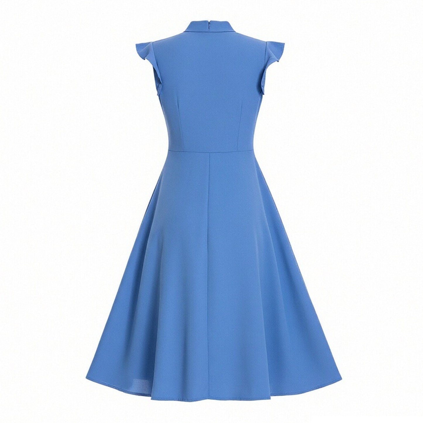 Women's 1950s Bow Tie Neck Ruffle Cap Sleeve Pleated Swing Dress
